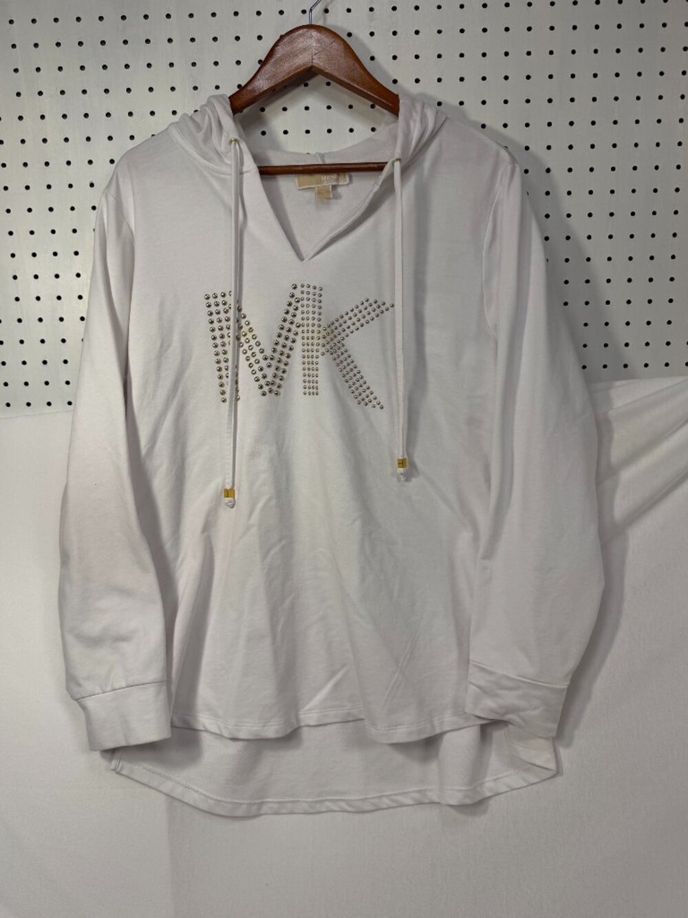 Michael Kors Womens White Studded MK Logo Long Pullover Hoodie V-Neck Size 1XL